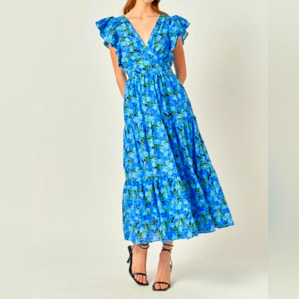 EnglishFactory Romantic Printed Open Back Vneck Raffle Blue Maxi Dress Boho Sz S